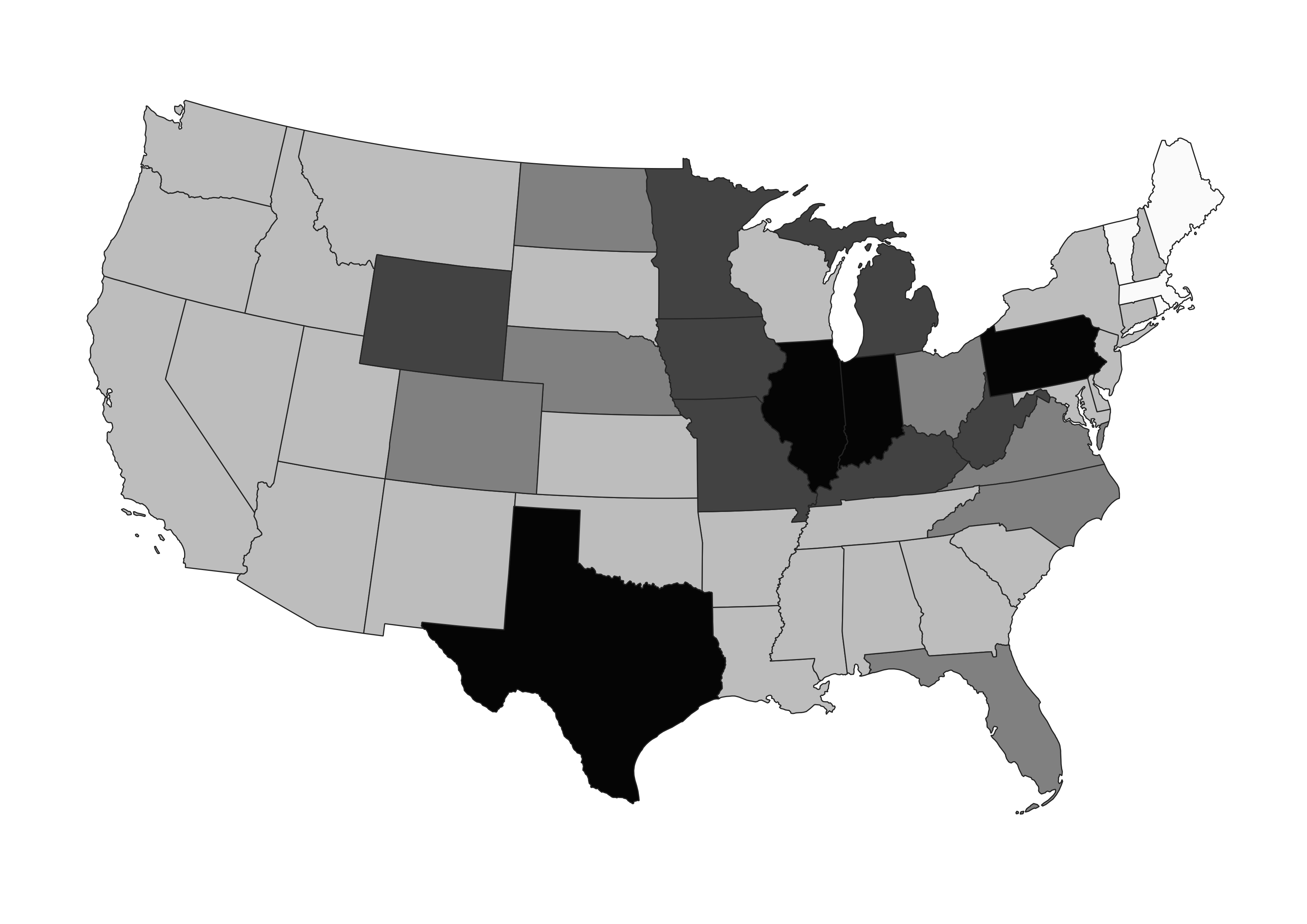 Choropleth map displaying number of coal plants per US state